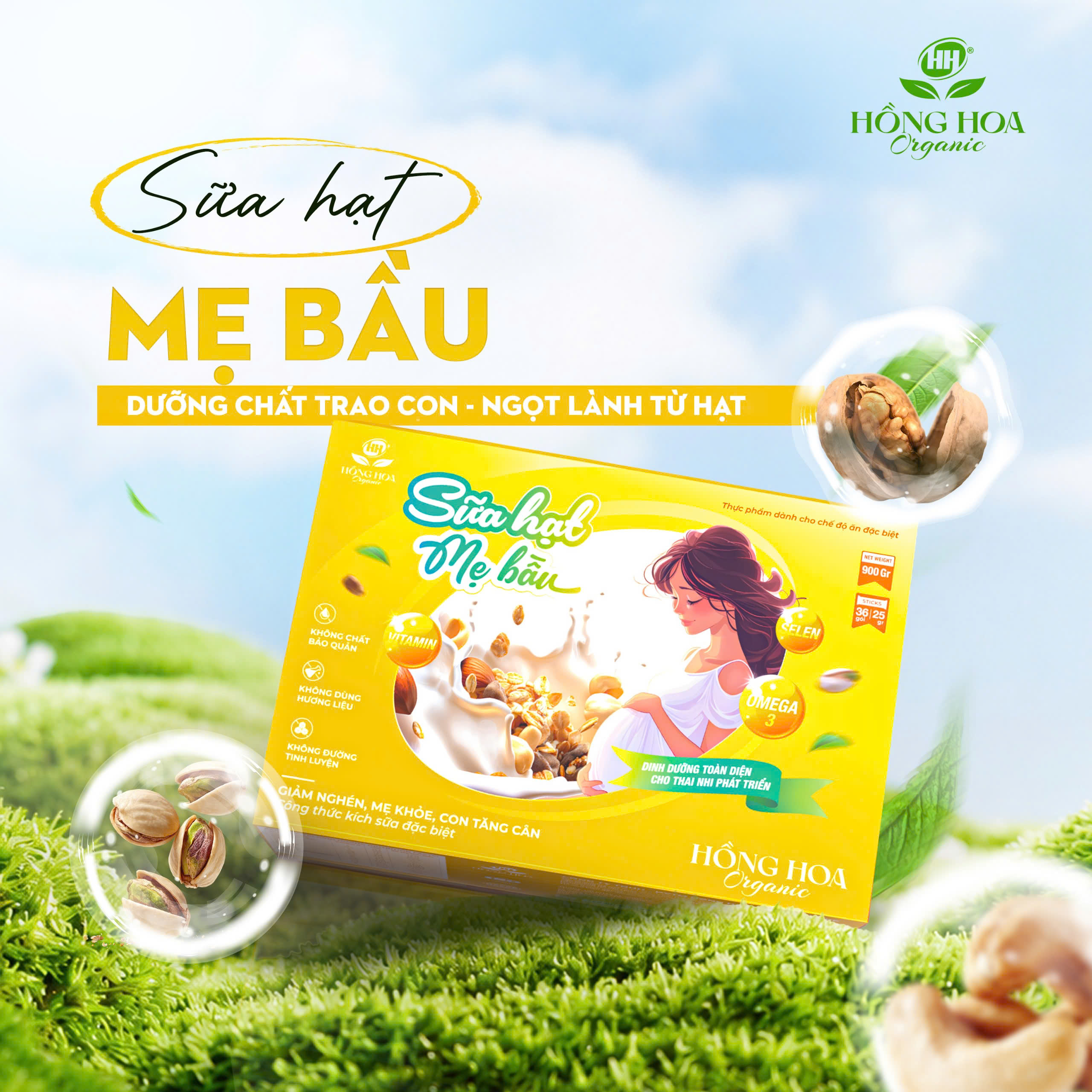 Sữa hạt mẹ bầu Hồng Hoa - 36 gói, hộp 900gr - Phân phối chính hãng