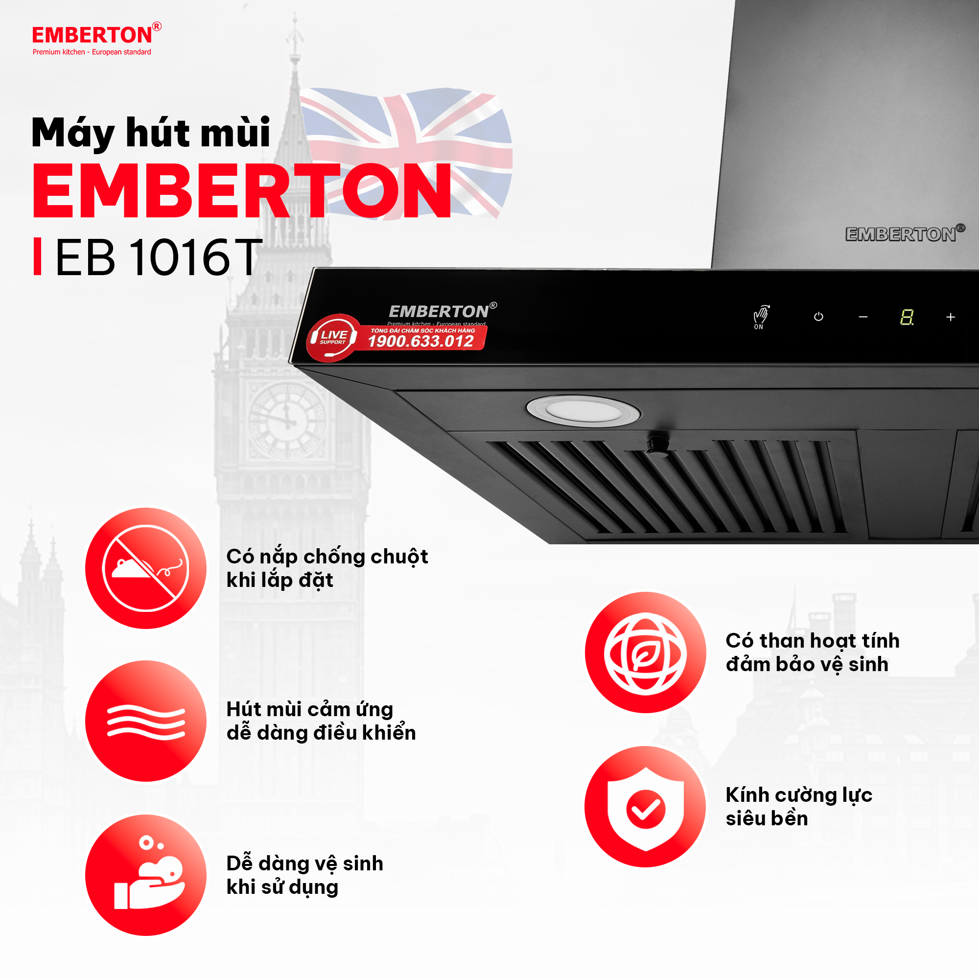 Máy hút mùi chữ T cảm ứng vẫy tay Emberton EB 1016T