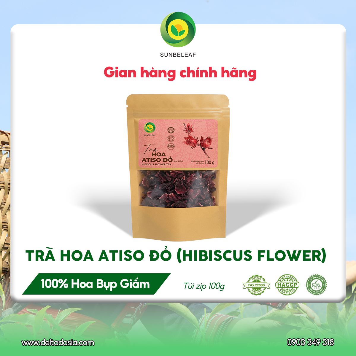 Trà Hoa Atiso Đỏ Sunbeleaf (Bụp Giấm) - Thức Uống Thanh Mát Dễ Chịu - Túi Zip 100g