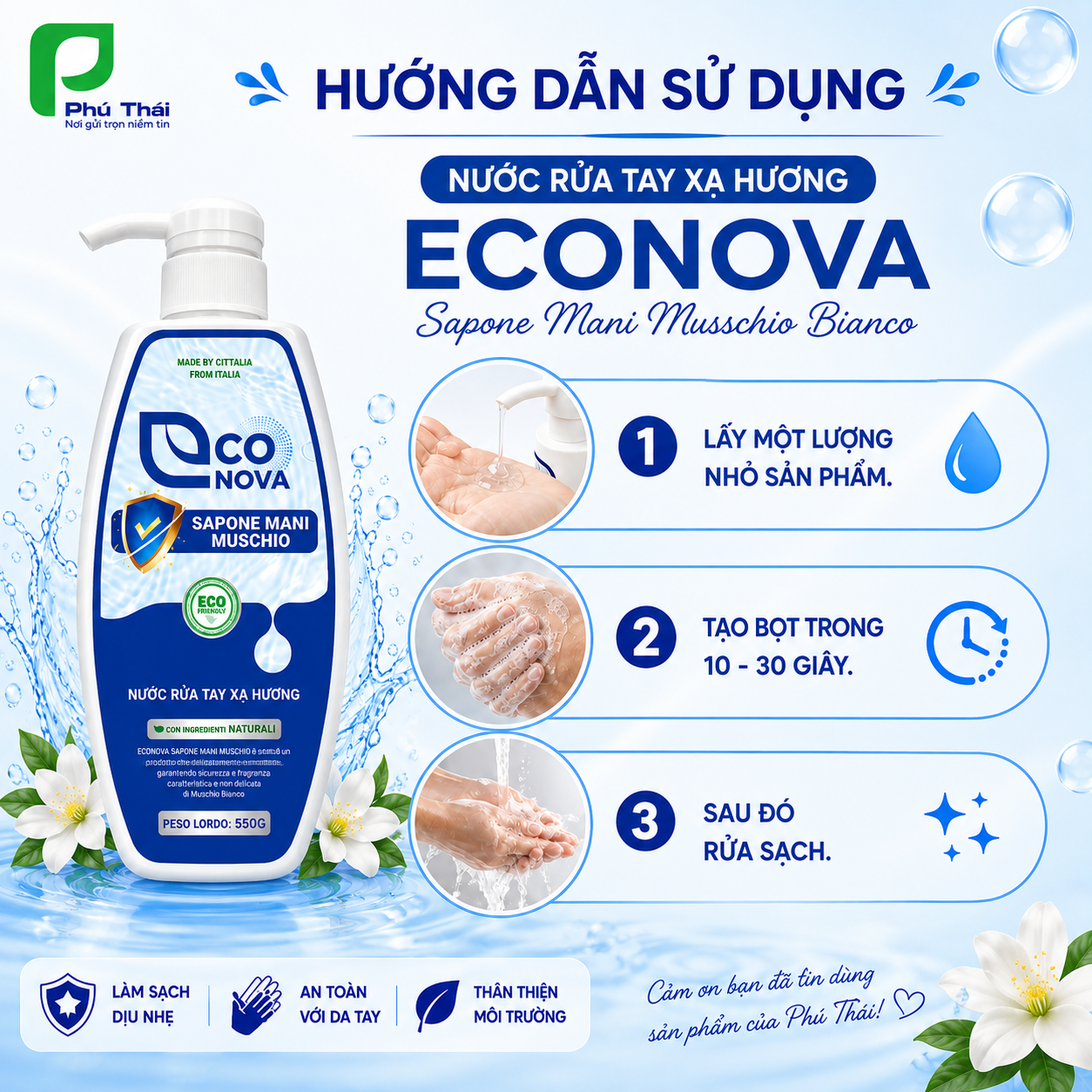 Combo 03 Nước rửa tay xạ hương Econova ( 550g x 3)