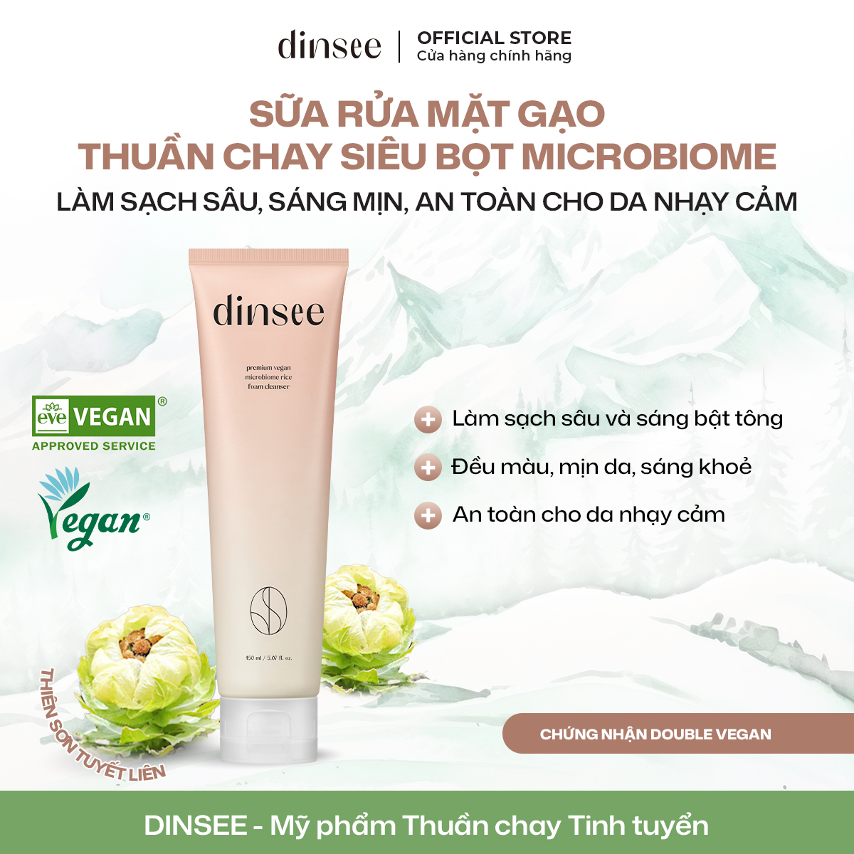 Sữa Rửa Mặt Gạo Thuần Chay Siêu Bọt Microbiome Dinsee Premium Vegan Microbiome Rice Foam Cleanser