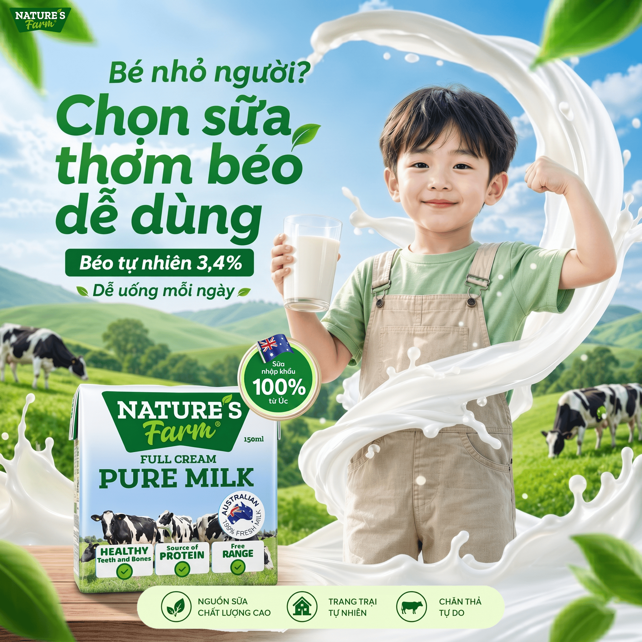 Thùng sữa Nature's Farm Full Cream Hộp 150ml - Sữa Bò Nuôi Thả Hỗ Trợ Tăng Cân - Nhập Khẩu Úc