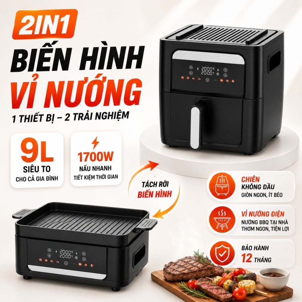 Nồi Chiên Không Dầu Kèm Vỉ Nướng 2-in-1 Mishio MK407: Nâng Tầm Món Ngon, Tiện Lợi Vượt Trội - Phân phối chính hãng