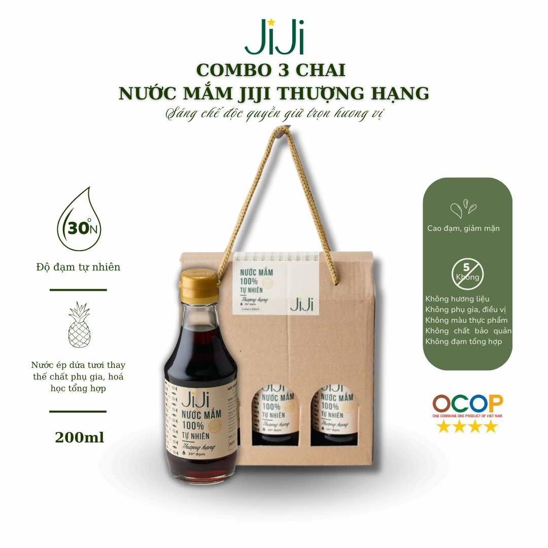 Set 3 chai Nước mắm tự nhiên JI JI Thượng hạng 30 đạm 200ml - Phân phối chính hãng