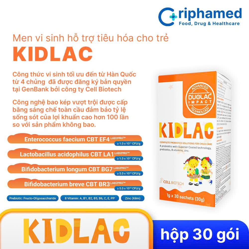 Men vi sinh hỗ trợ tiêu hóa cho trẻ Kidlac (Hộp 30 gói) - Phân phối chính hãng