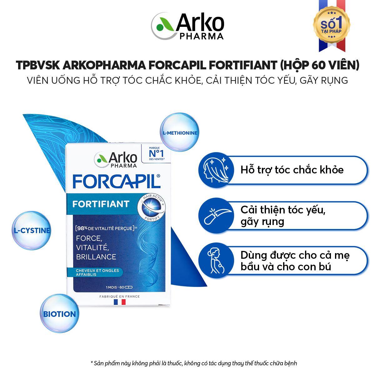 Viên uống ARKOPHARMA FORCAPIL FORTIFIANT bổ sung biotin, hỗ trợ tóc chắc khỏe (Hộp 60 viên) - Phân phối chính hãng
