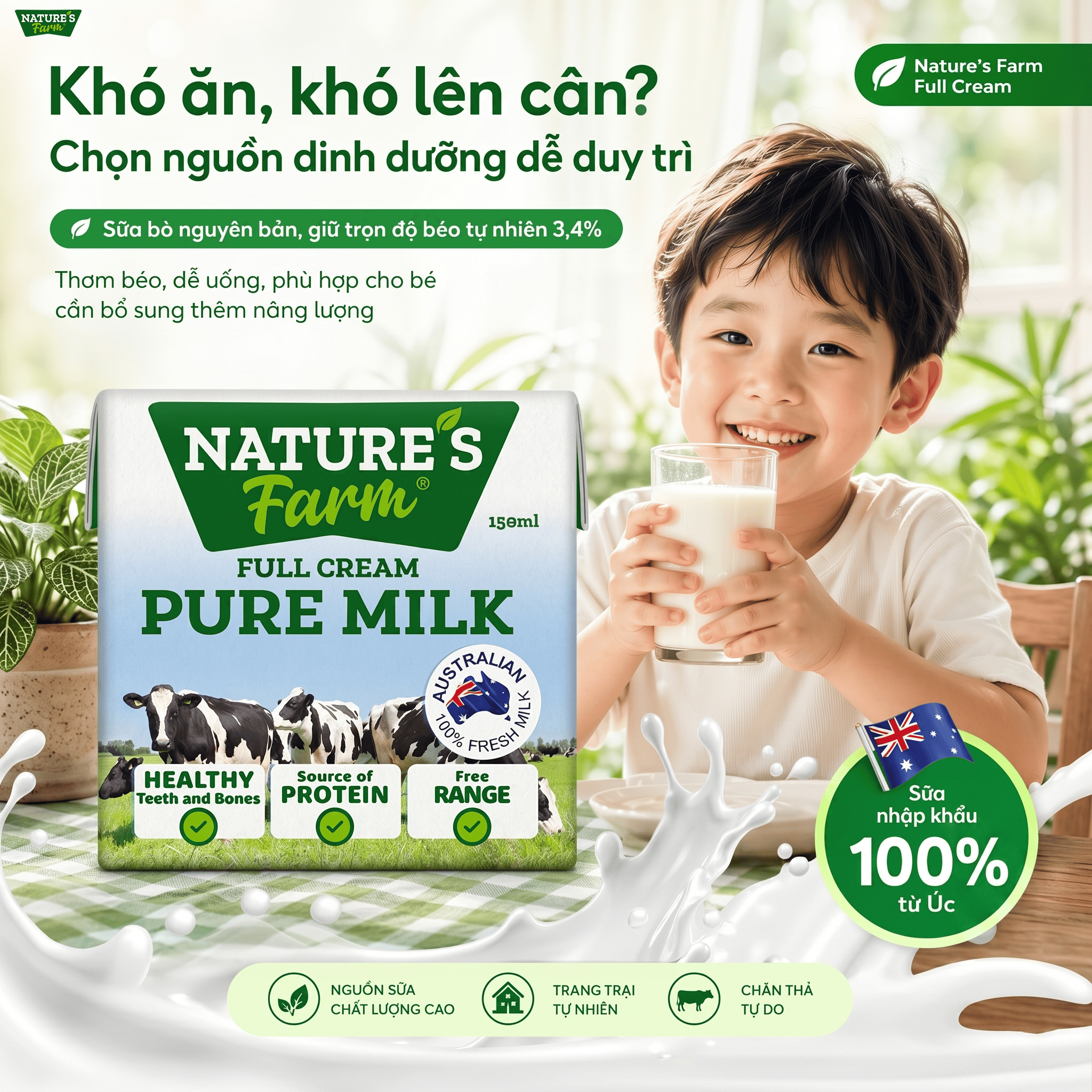 Thùng sữa Nature's Farm Full Cream Hộp 150ml - Sữa Bò Nuôi Thả Hỗ Trợ Tăng Cân - Nhập Khẩu Úc