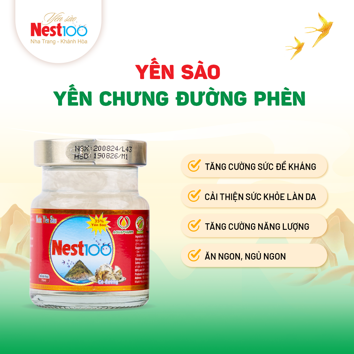 Nước Yến sào Nest100 – Chưng đường phèn (Hộp 6 lọ + túi)