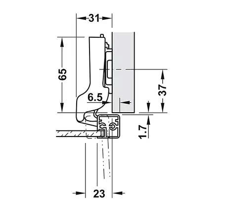 Bản lề Hafele Metalla SM 110° cho cửa khung nhôm, đóng giảm chấn - Lắp trùm nửa 315.26.711