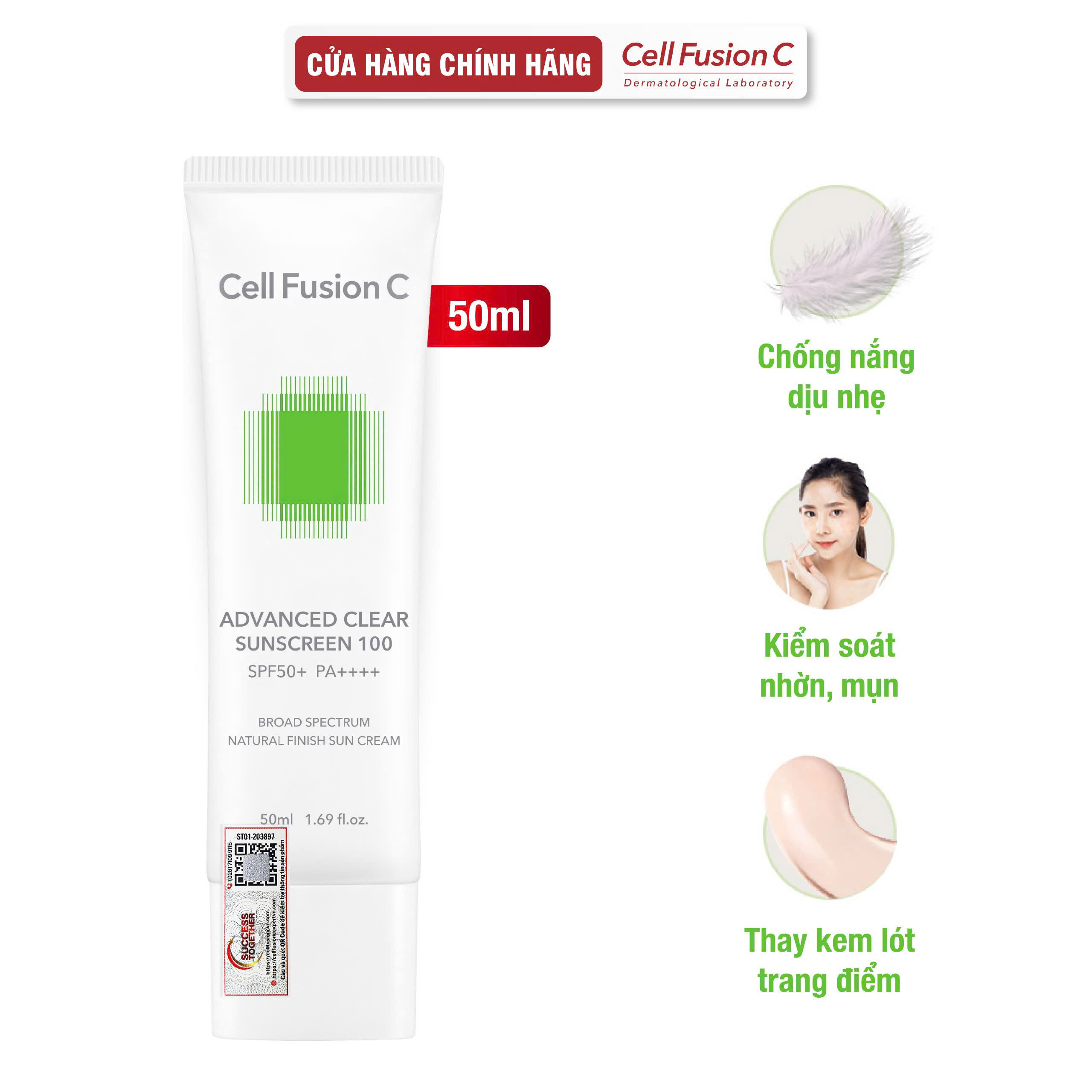 Kem chống nắng phổ rộng cho da dầu mụn Advanced Clear Sunscreen 100 SPF 50+ PA++++ Cell Fusion C 50ml
