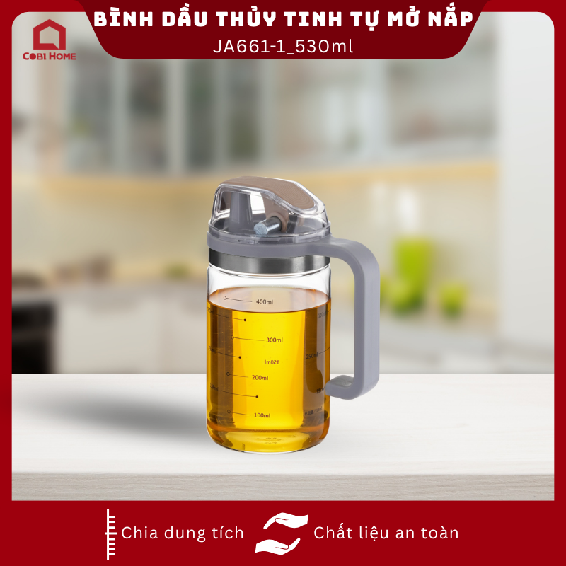 Bình dầu thủy tinh tự mở nắp có tay cầm dung tích 530ml có chia dung tích_376071