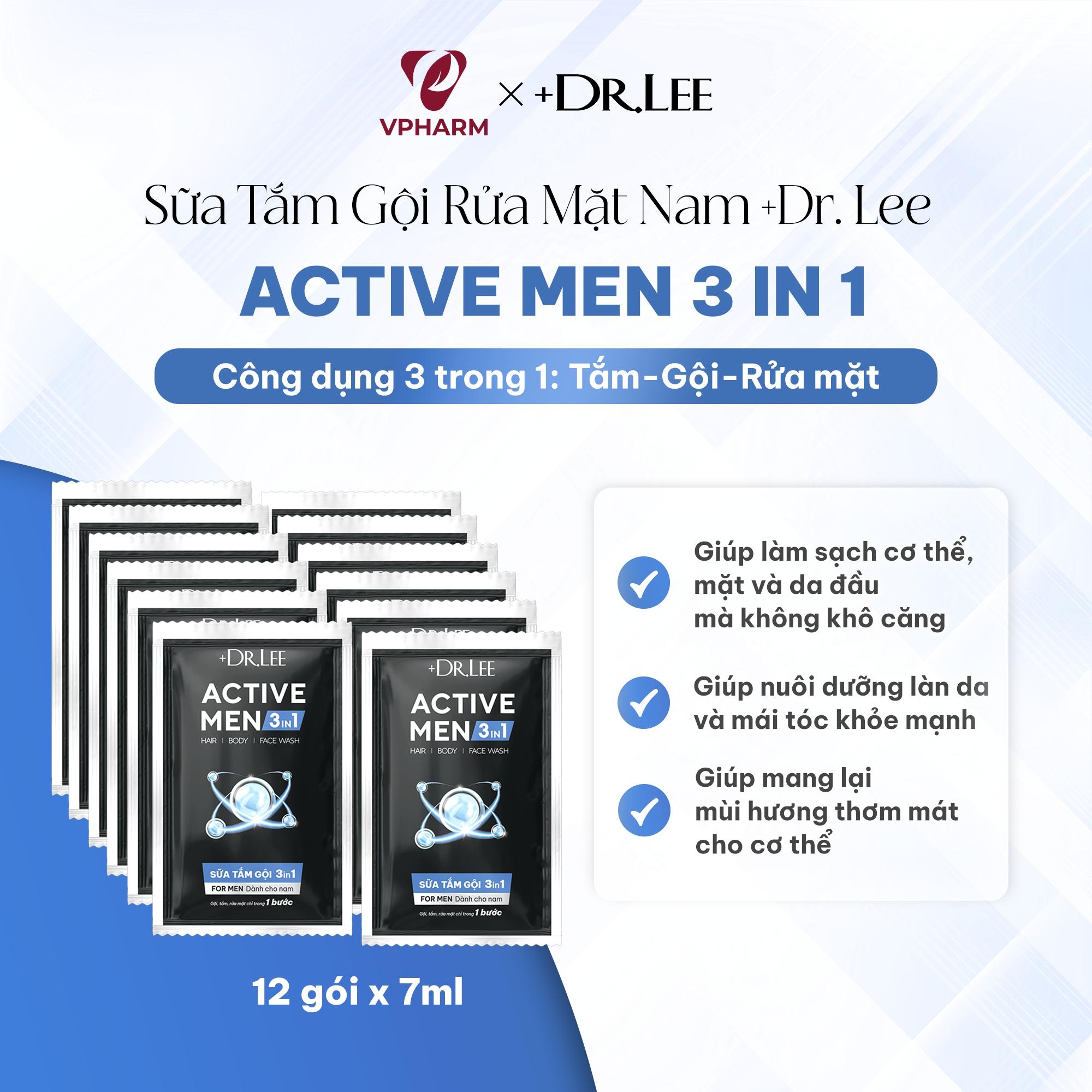 Dây 12 Gói 3in1 +Dr.Lee Active Men (7ml/gói) – Sữa Tắm Gội Rửa Mặt Nam, Sạch Gàu, Mát Lạnh, Giảm Mụn Lưng