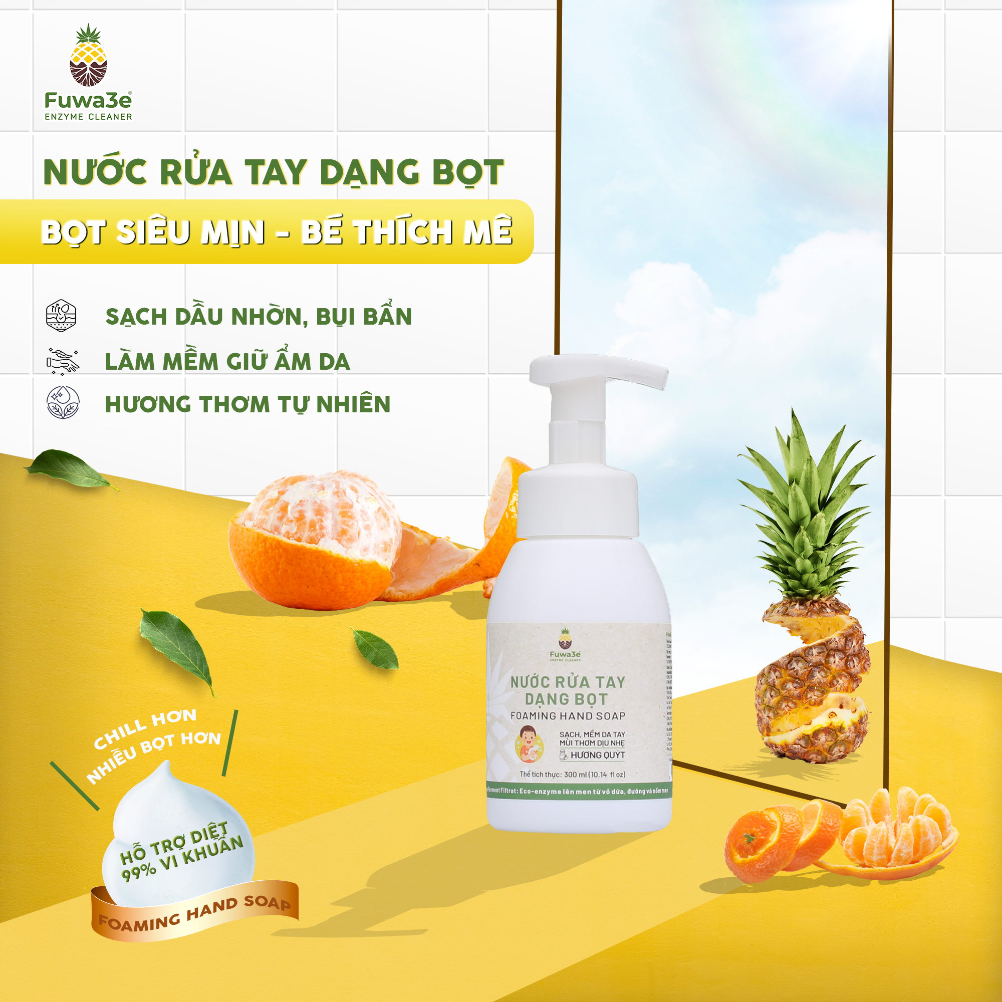 Nước rửa tay dạng bọt Fuwa3e - Bọt siêu mịn, hỗ trợ làm sạch nhanh hơn cho bé 3.8L