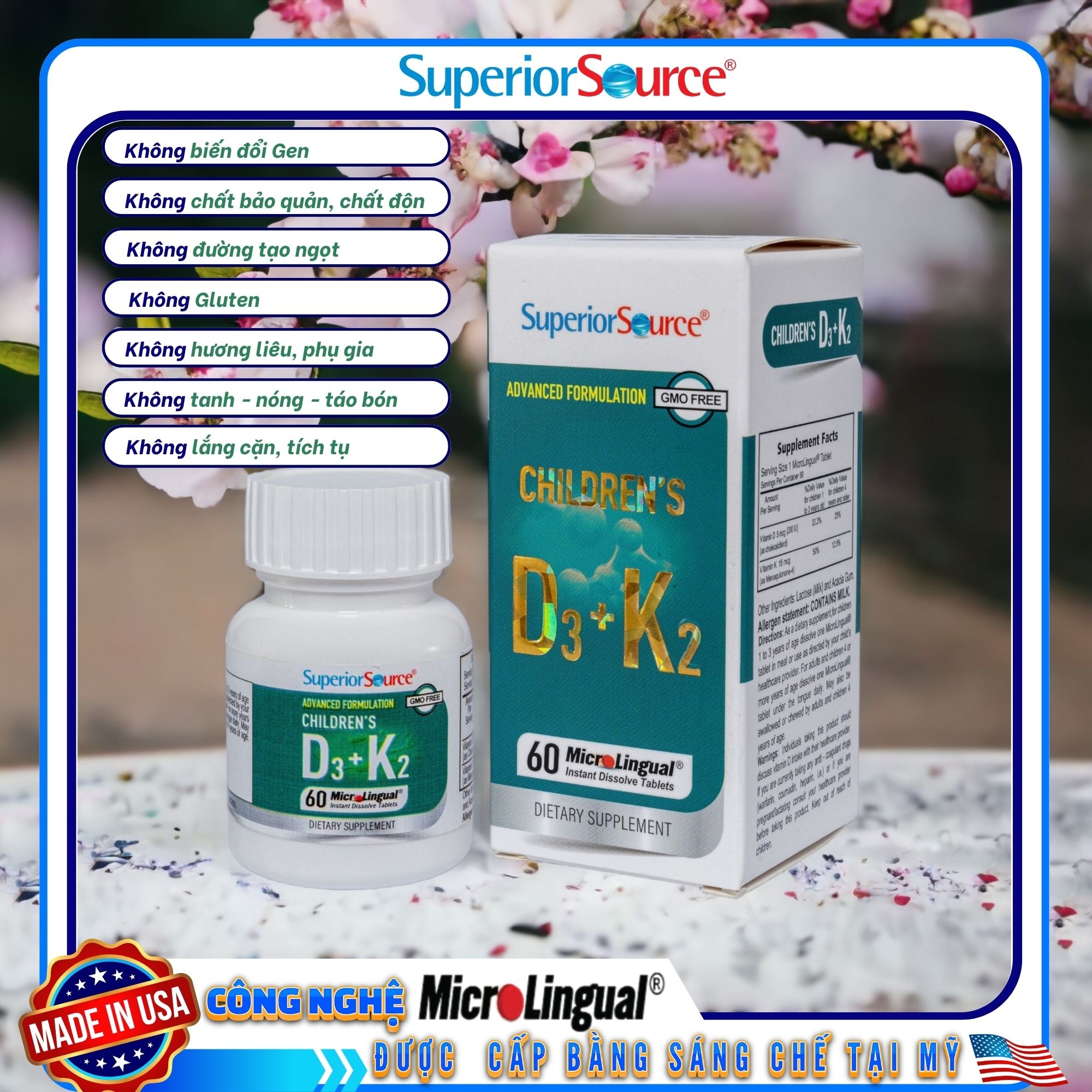 Children's D3 + K2 – Bổ sung vitamin D3 và K2, hỗ trợ hấp thu canxi, tốt cho xương và răng của bé