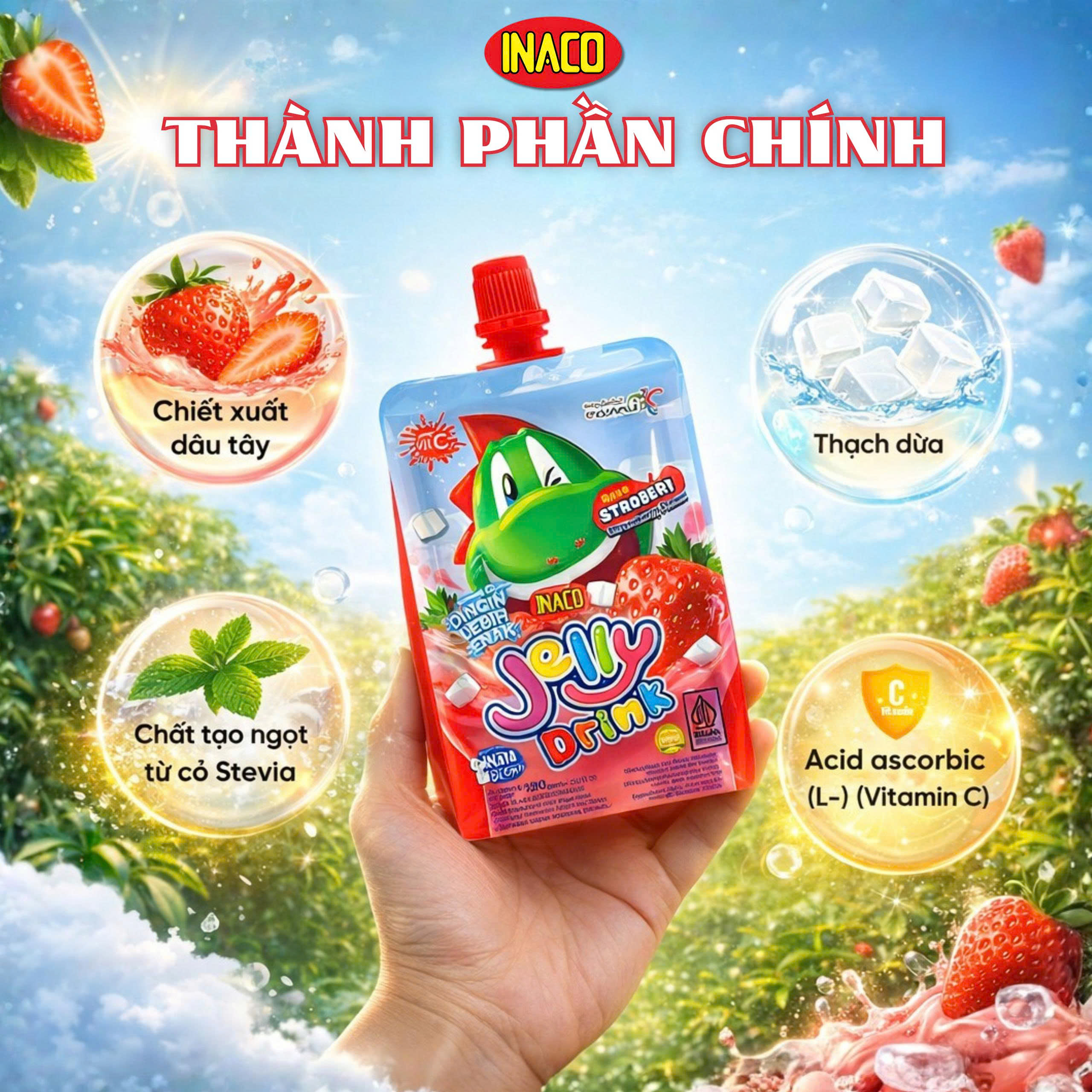 1 Gói (5 túi x 120g) INACO Jelly Drink Strawberry - Nước thạch Quả dâu tây - 2