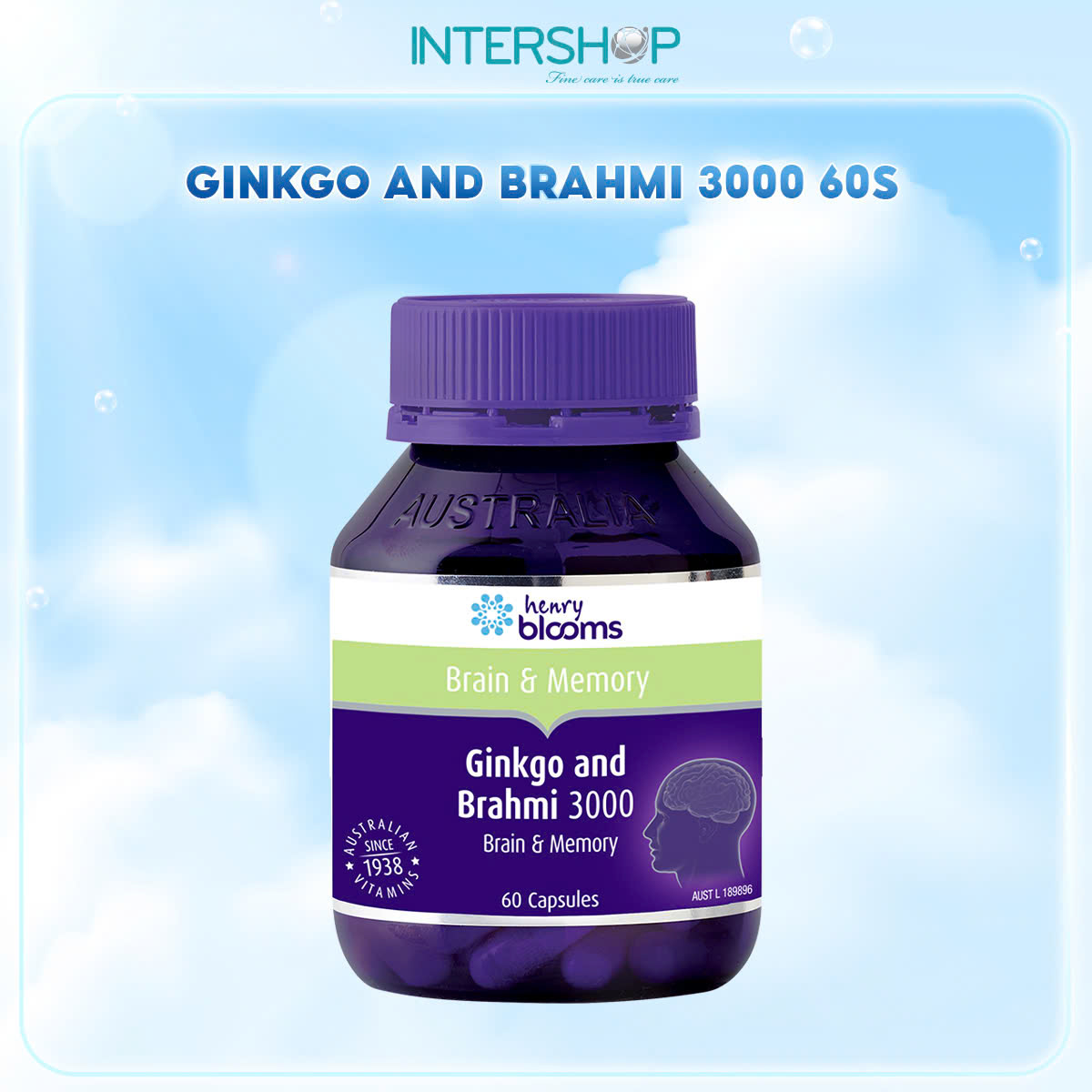 Viên uống hỗ trợ hoạt huyết HENRY BLOOMS Ginkgo & Brahmi 3000 tăng cường tuần hoàn máu não (hộp 60 viên)