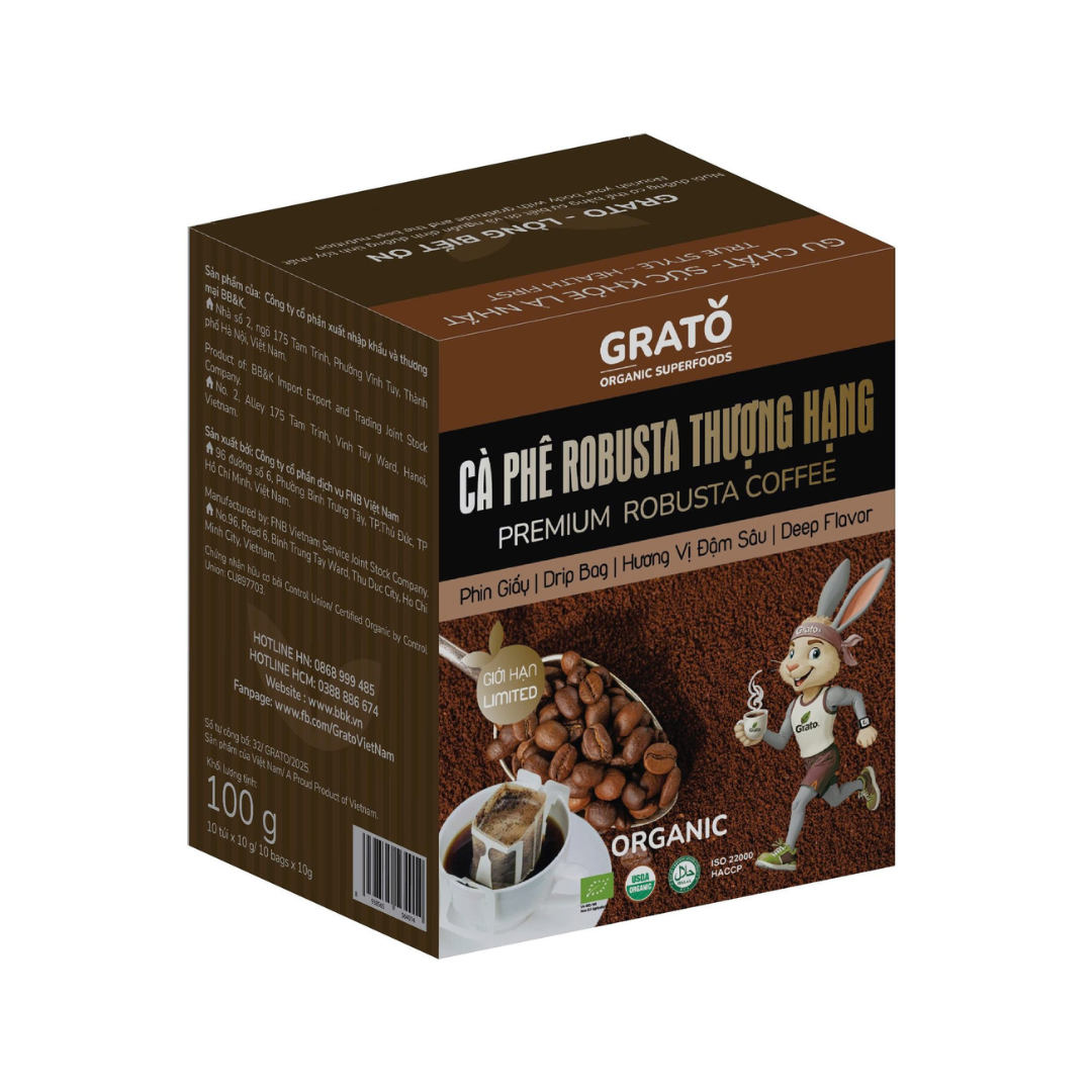 Cà Phê Robusta Hữu Cơ Thượng Hạng Phin Giấy GRATO (10 gói x10 gram)