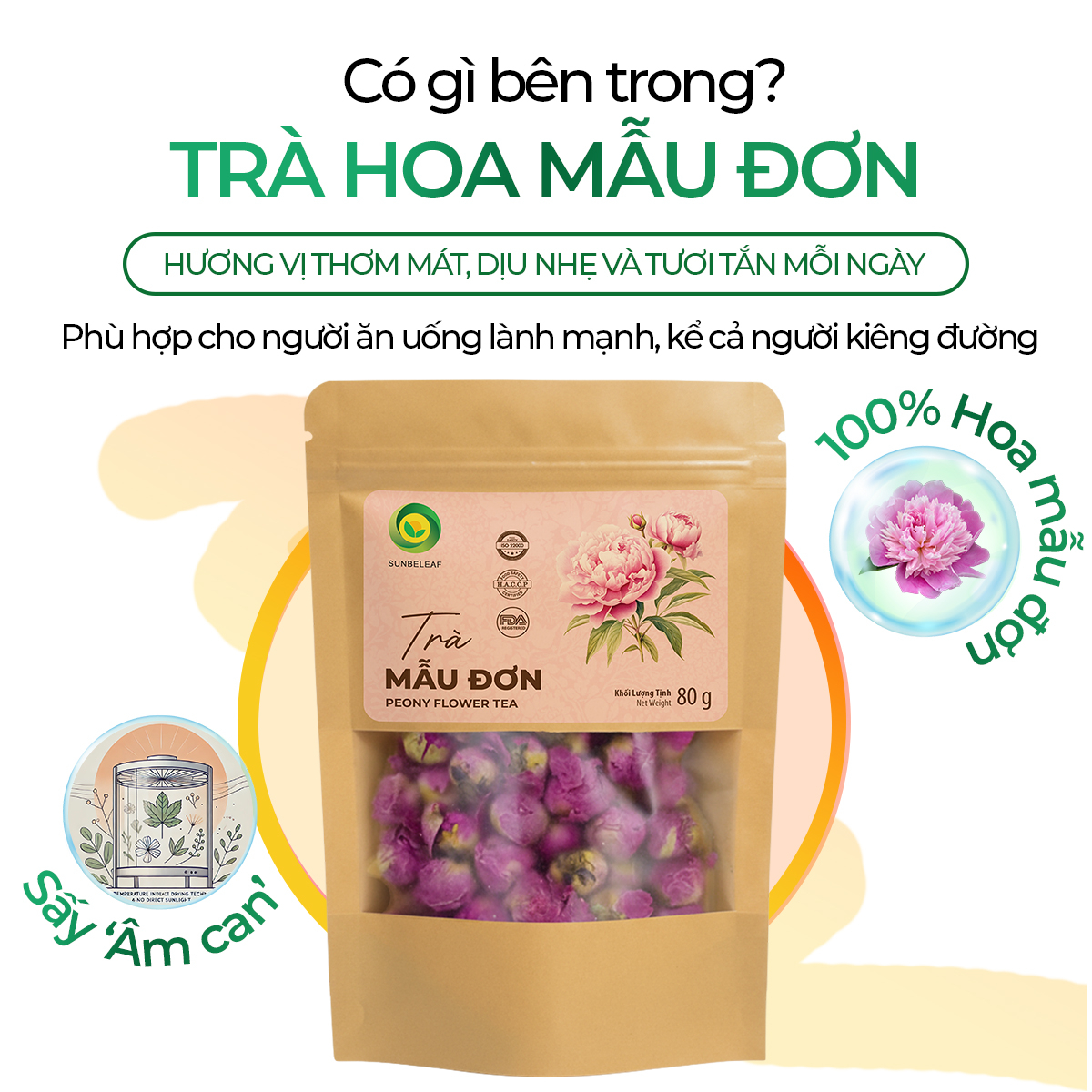 Trà Hoa Mẫu Đơn Sunbeleaf - Thức Uống Thảo Mộc Dịu Nhẹ Cho Phái Đẹp - Túi Zip 80g