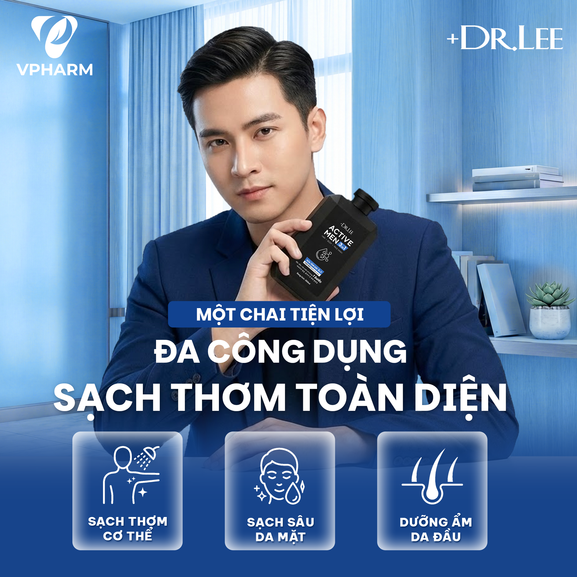 Sữa Tắm Gội Rửa Mặt Nam 3in1 +Dr.Lee Active Men 350ml – Dầu Gội Sạch Gàu, Sữa Tắm Mát Lạnh, Giảm Mụn Lưng