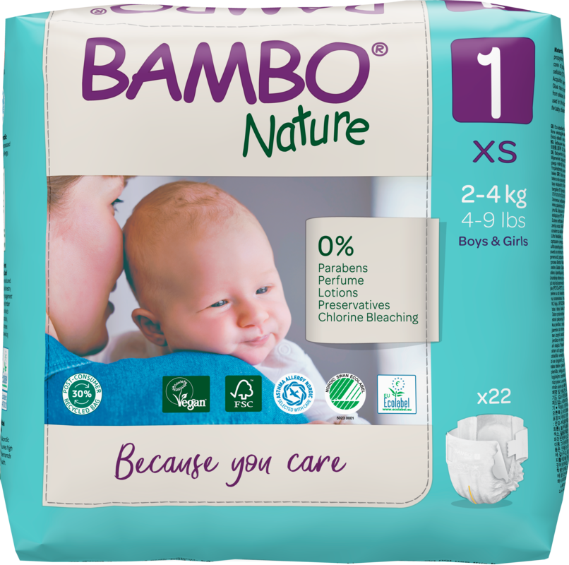 Tã dán trẻ em số 1- Bambo Nature size 1-XS, từ 2-4kg, 22 miếng/gói, bao bì màu xanh