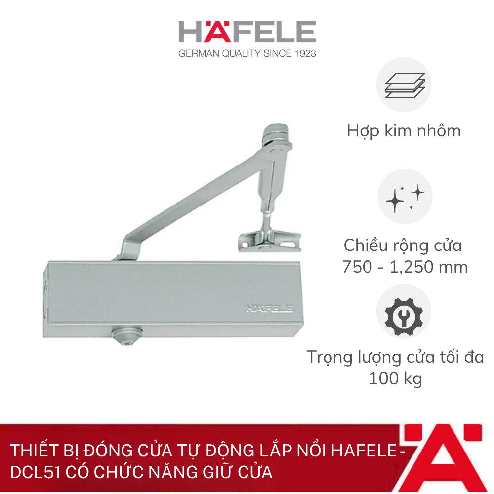 Thiết bị đóng cửa tự động lắp nổi Hafele - DCL51 có chức năng giữ cửa 931.84.669