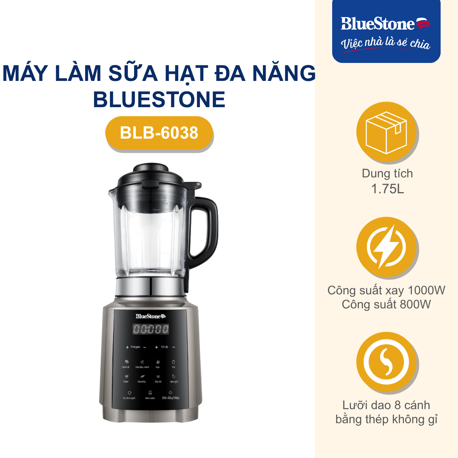 Máy Làm Sữa Hạt Đa Năng BlueStone BLB-6038 1.75 Lít 1000W - Phân phối chính hãng