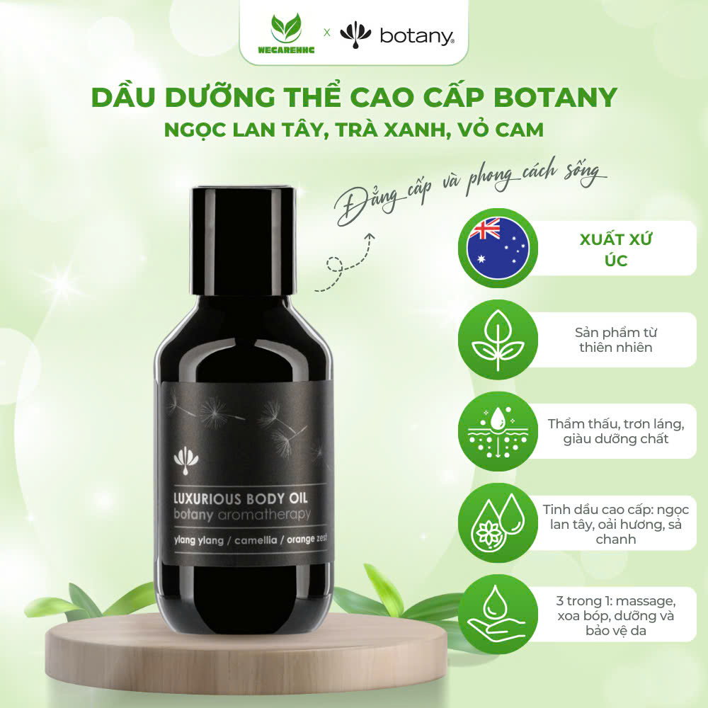 Dầu massage thư giãn, dưỡng da, mềm mô, xoa bóp, giãn cơ cao cấp Botany - ngọc lan tây, trà xanh, vỏ cam