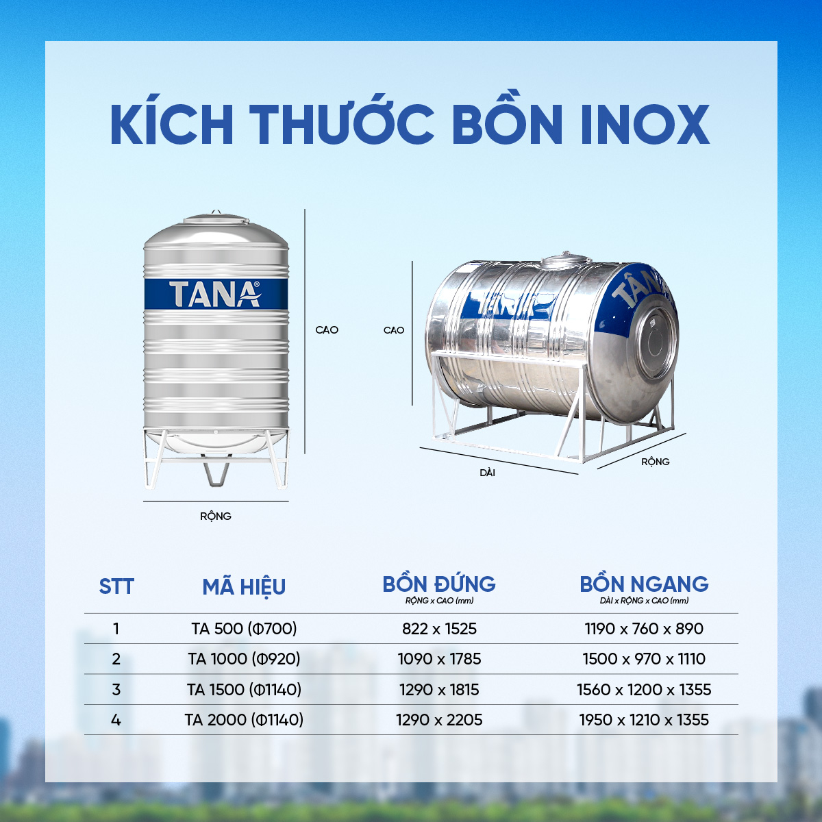 Bồn nước đứng Inox Tân Á 2.000L ĐK1140 – Chỉ bán tại miền Bắc