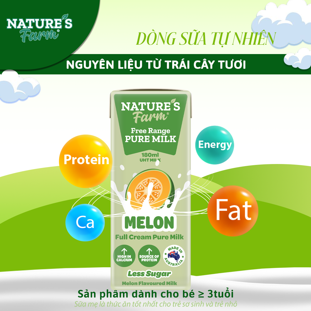 Thùng sữa Nature's Farm Dưa Lưới Hộp 180ml - Sữa Nguyên Kem, Canxi Cao - Sữa Nhập Khẩu Úc