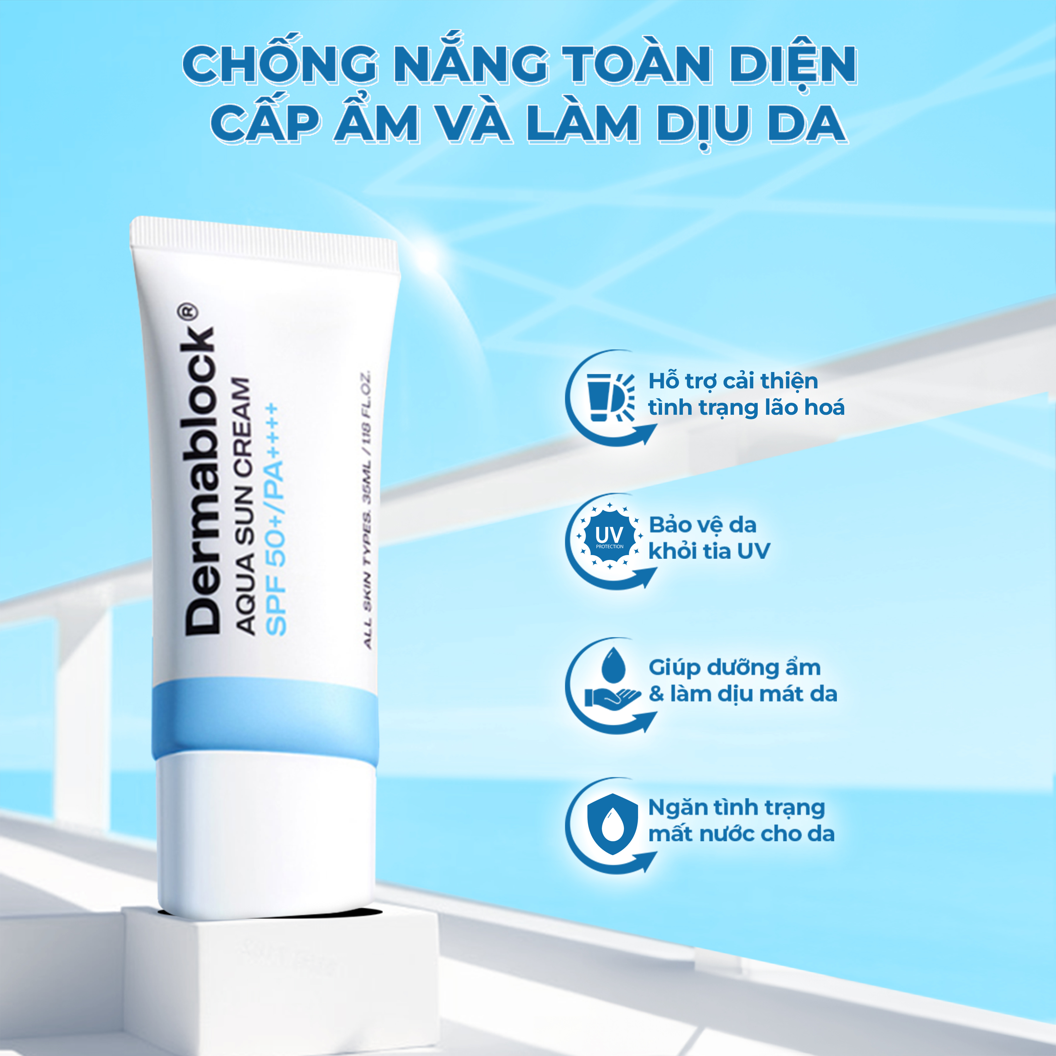 Kem chống nắng cấp ẩm và làm dịu cho da xâm lấn, treatment Dermablock Aqua Sun Cream SPF50+ PA++++ 35ml