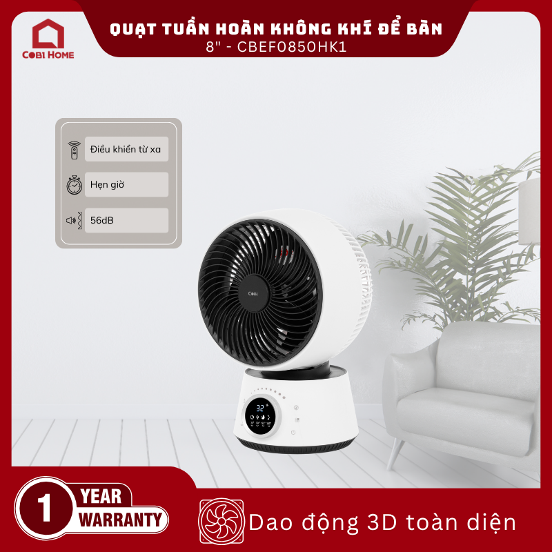 Quạt tuần hoàn không khí để bàn 8" COBI - Điều khiển từ xa, Hẹn giờ, Xoay tự động 3D 360°_341729