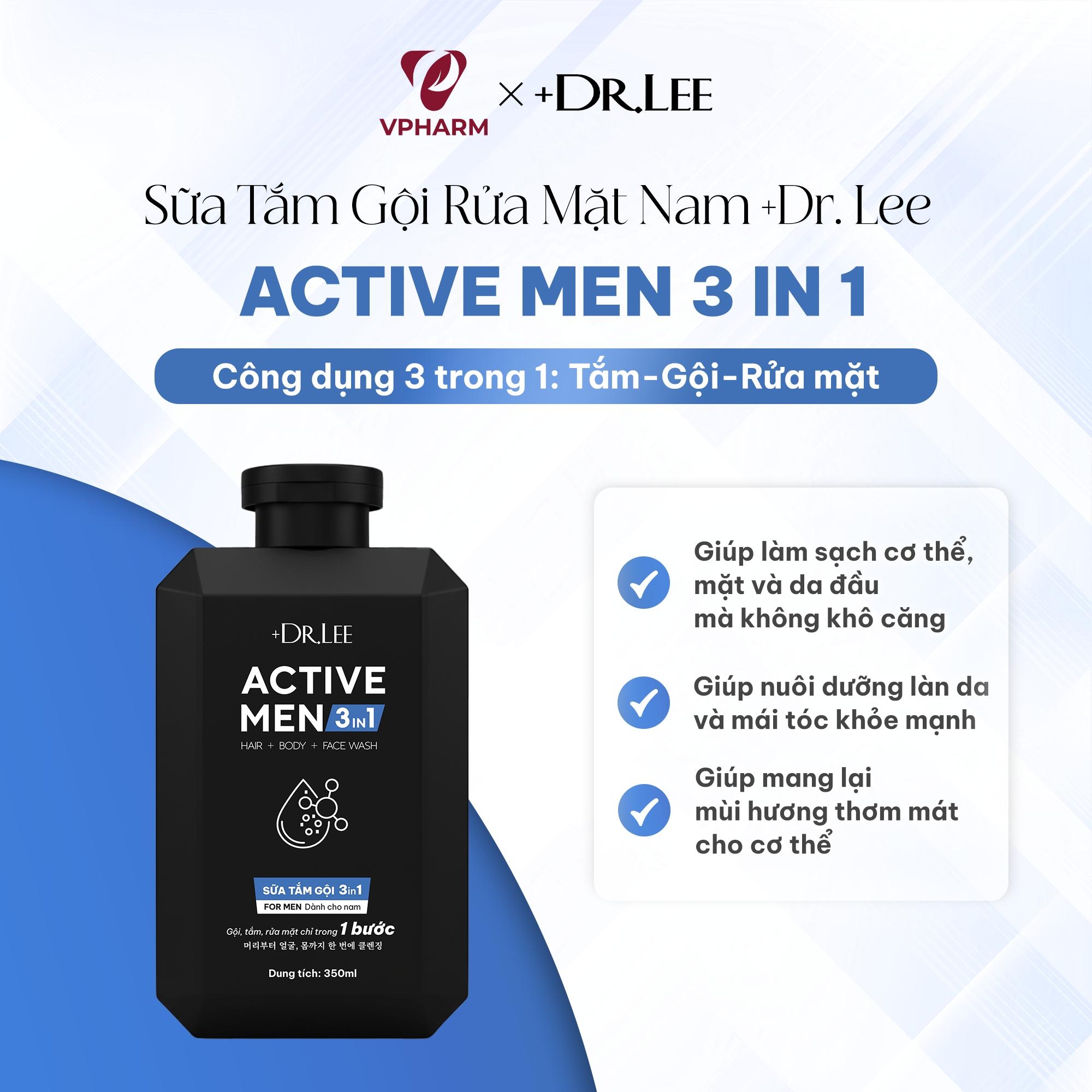 Sữa Tắm Gội Rửa Mặt Nam 3in1 +Dr.Lee Active Men 350ml – Dầu Gội Sạch Gàu, Sữa Tắm Mát Lạnh, Giảm Mụn Lưng