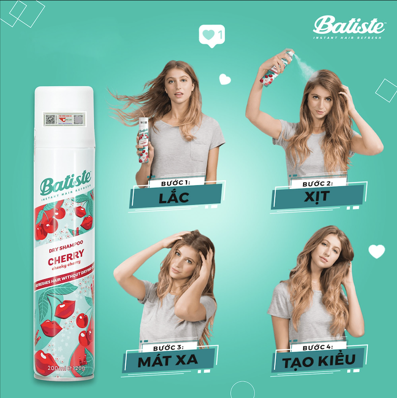 Dầu Gội Khô Batiste Hương Hoa Anh Đào - Batiste Dry Shampoo Fruity & Cheeky Cherry 200ml