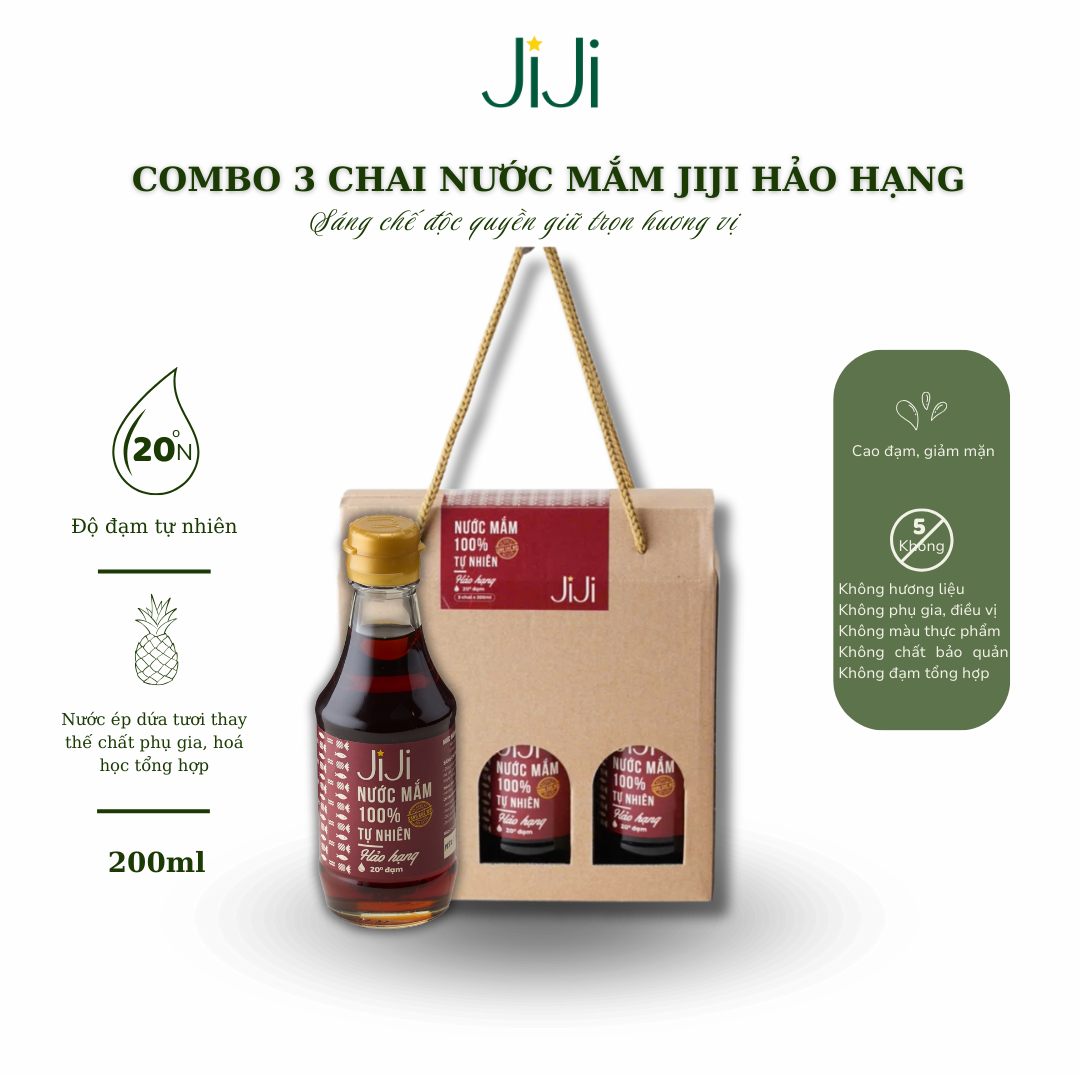 Set 3 chai Nước mắm tự nhiên JI JI Hảo hạng 20 đạm 200ml  - Phân phối chính hãng