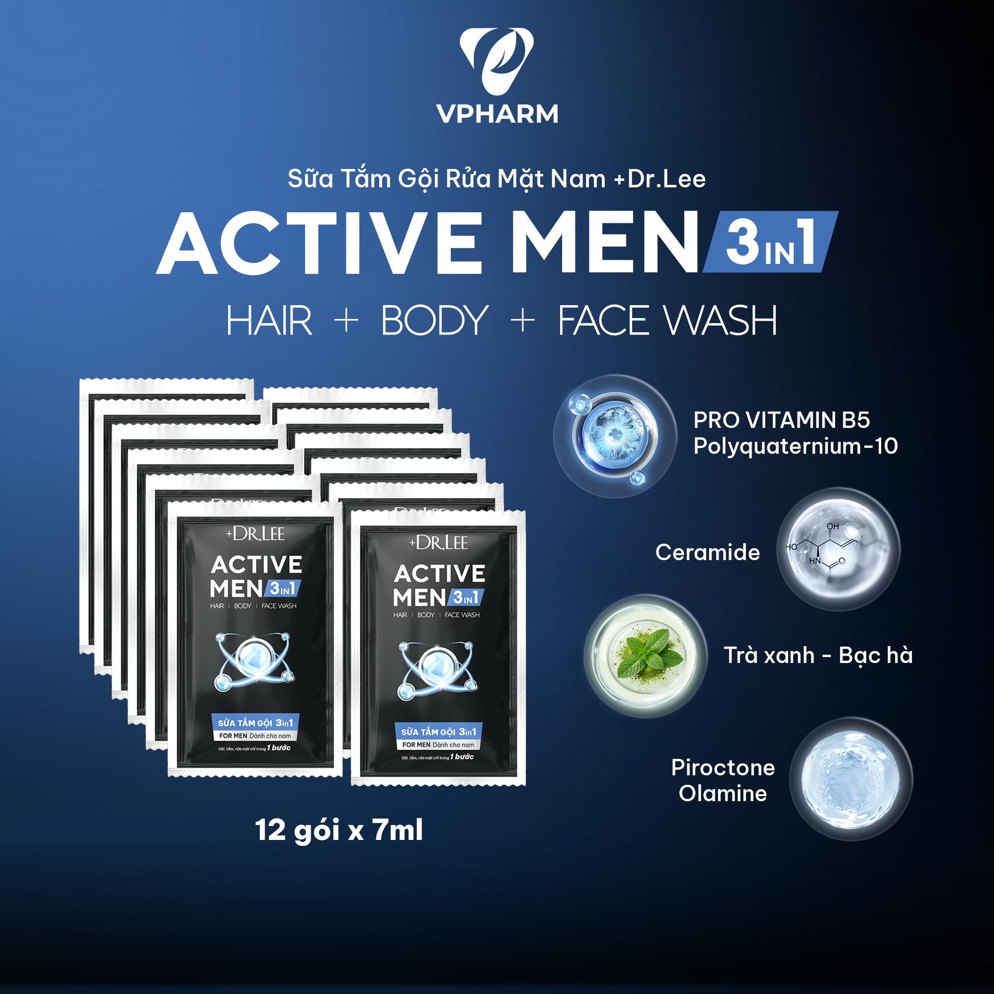 Dây 12 Gói 3in1 +Dr.Lee Active Men (7ml/gói) – Sữa Tắm Gội Rửa Mặt Nam, Sạch Gàu, Mát Lạnh, Giảm Mụn Lưng