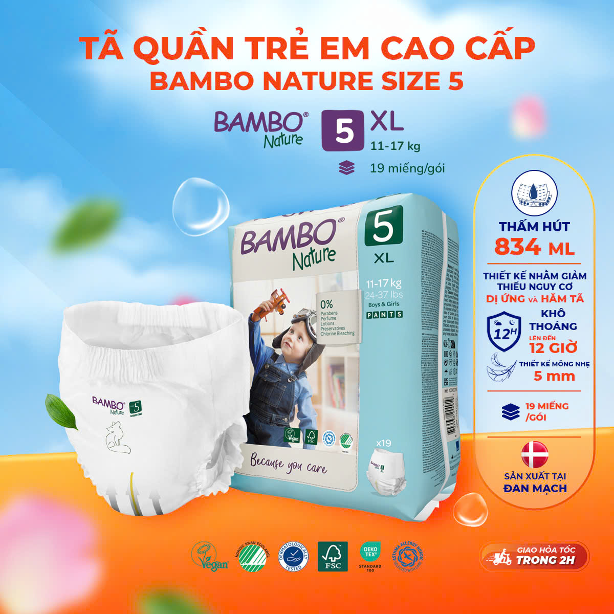 Tã Quần trẻ em số 5- Bambo Nature size 5, Từ 11-17kg, 19 miếng/gói, bao bì màu xanh