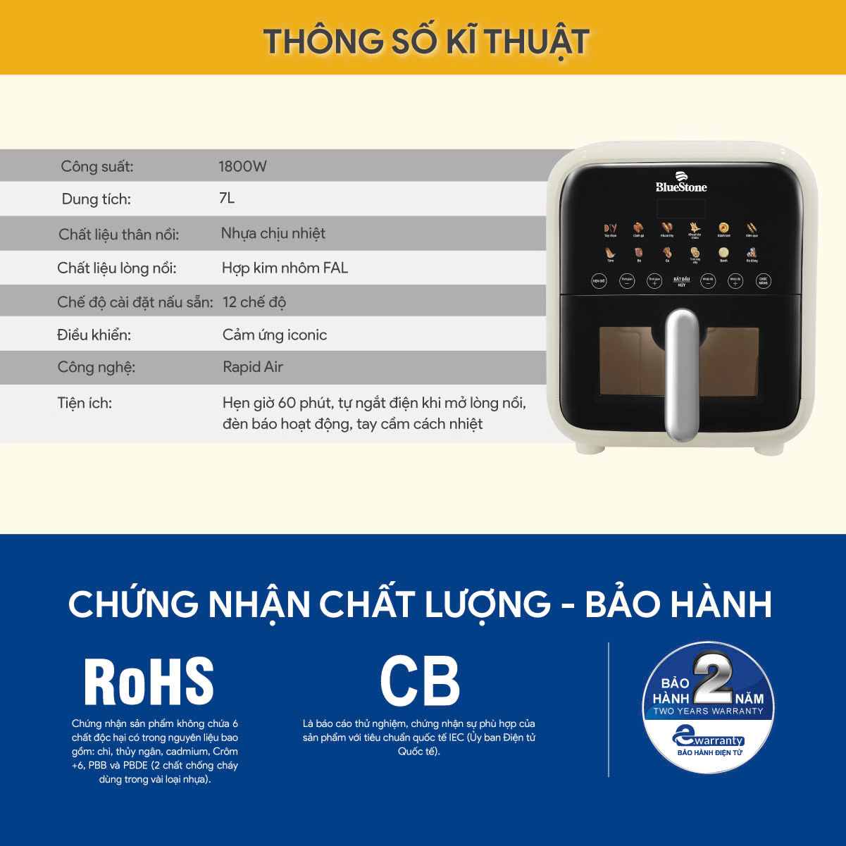 Nồi chiên không dầu điện tử BLUESTONE AFB-5861 7 Lít 1800W - 4