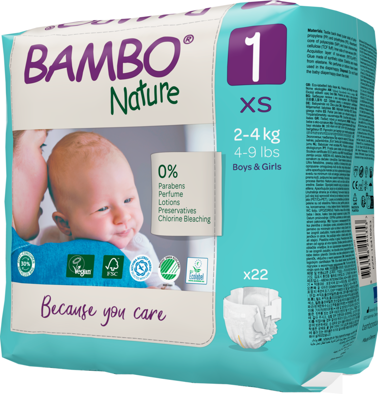 Tã dán trẻ em số 1- Bambo Nature size 1-XS, từ 2-4kg, 22 miếng/gói, bao bì màu xanh