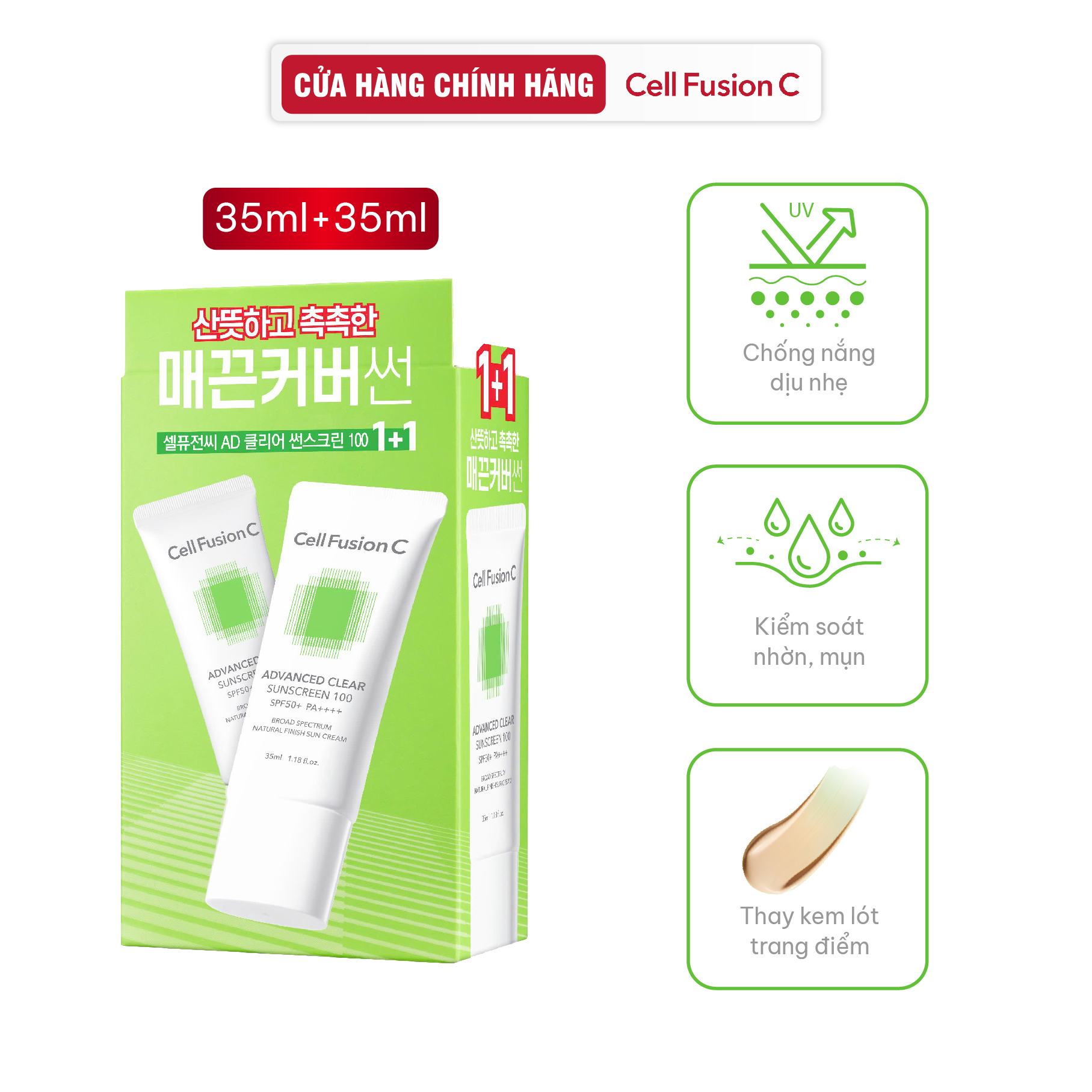 Kem Chống Nắng Phổ Rộng Cho Da Dầu Mụn Cell Fusion C Advanced Clear Sunscreen 100 SPF50+ PA++++ 35ml + 35ml