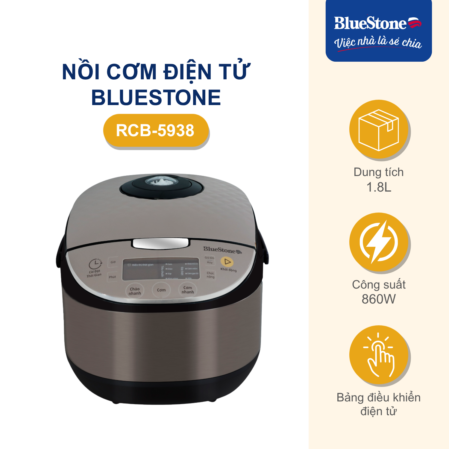 Nồi Cơm Điện Tử BlueStone RCB-5938 1.8 Lít 860W - Phân phối chính hãng