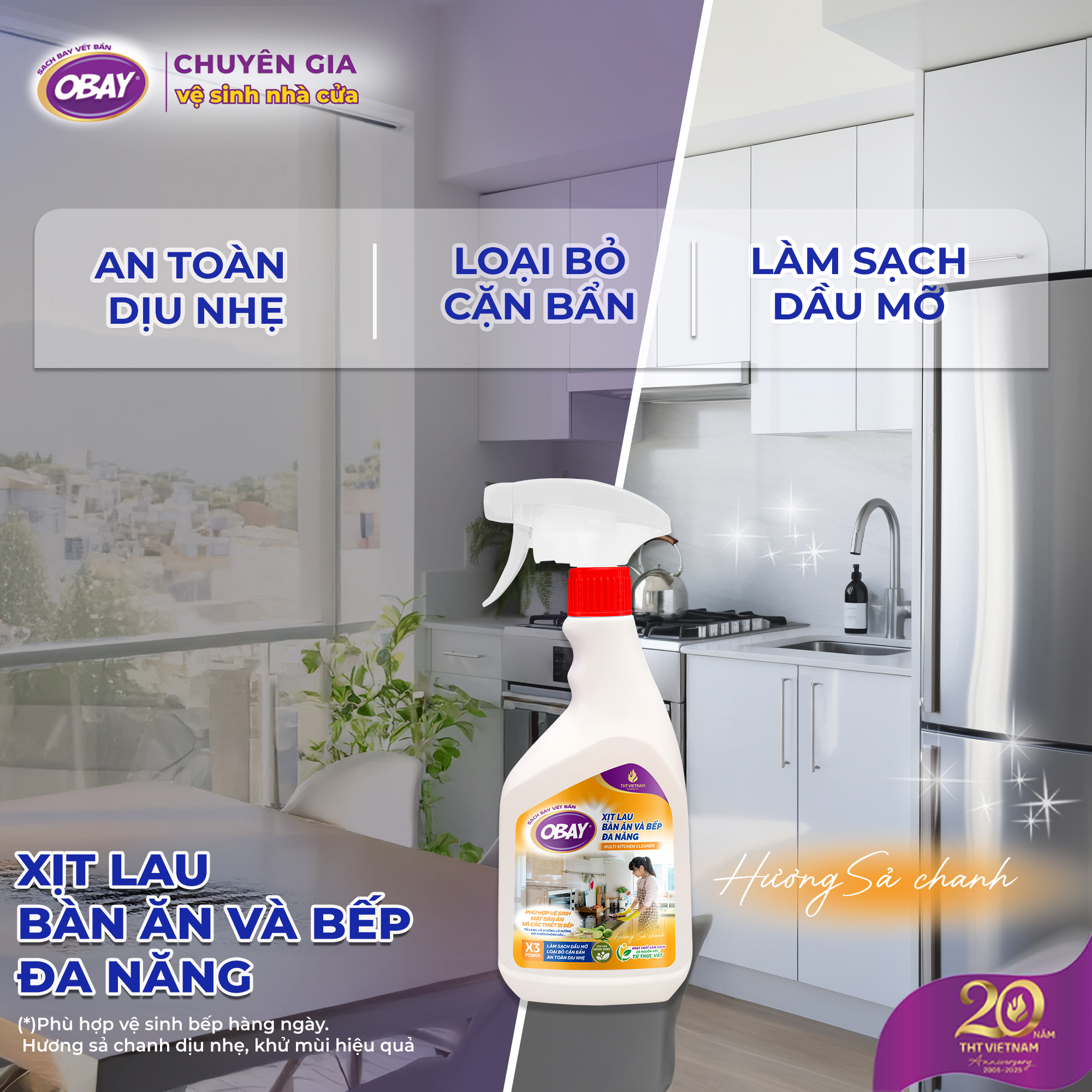 Xịt lau bàn ăn và bếp đa năng OBAY - Hương sả chanh 450ml