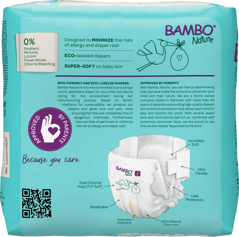 Tã dán trẻ em số 1- Bambo Nature size 1-XS, từ 2-4kg, 22 miếng/gói, bao bì màu xanh