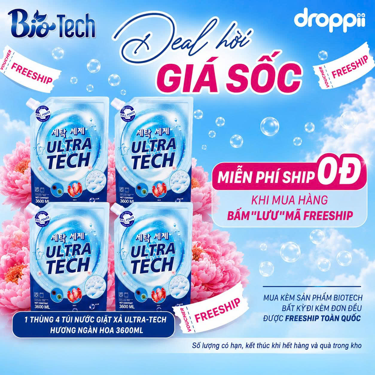 Thùng 4 túi Nước giặt xả Ultra Tech hương ngàn hoa 3600ml - Phân phối chính hãng