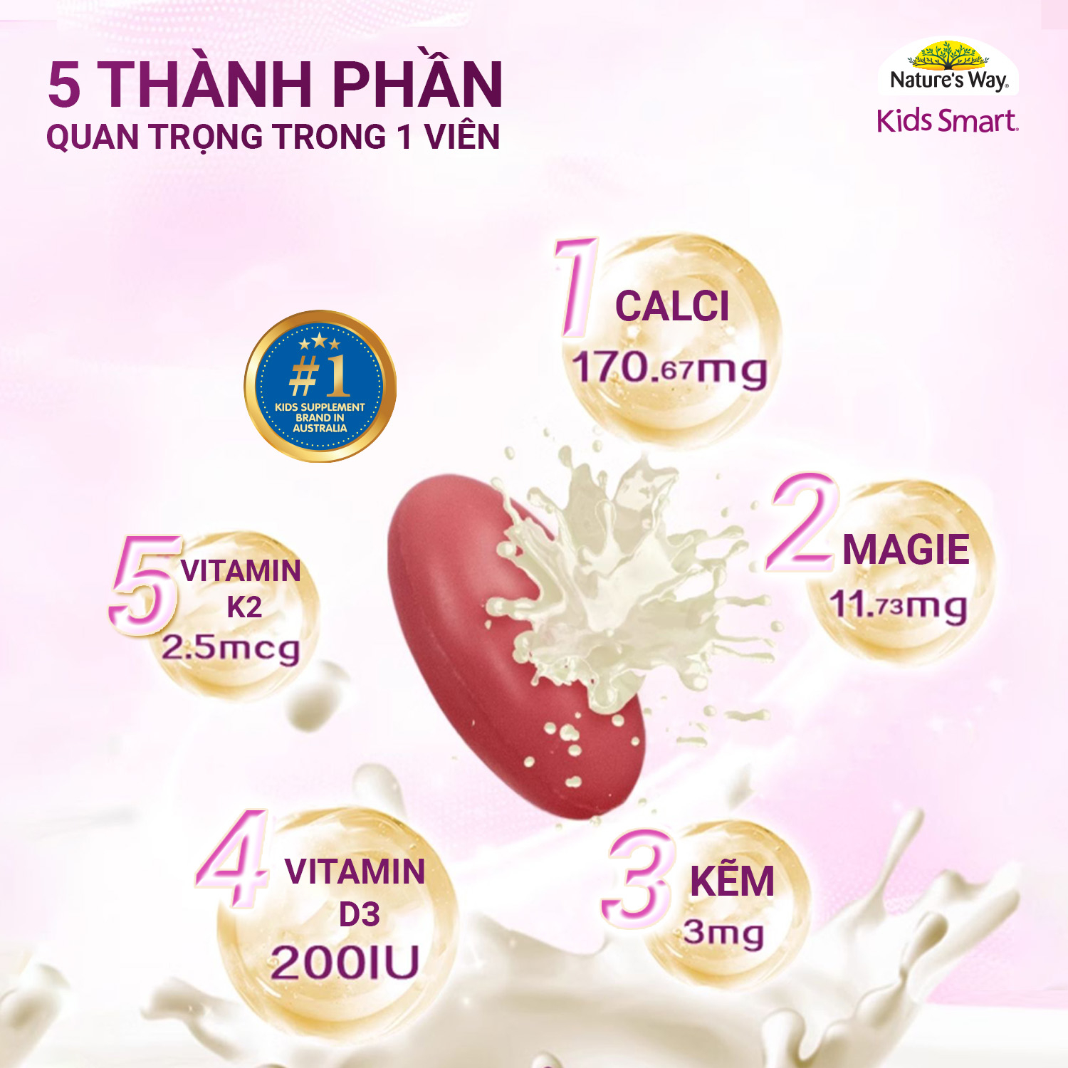 Viên Nhai Canxi Nature's Way Kids Smart Bursts tảo biển (Hộp 30 viên) - Phân phối chính hãng