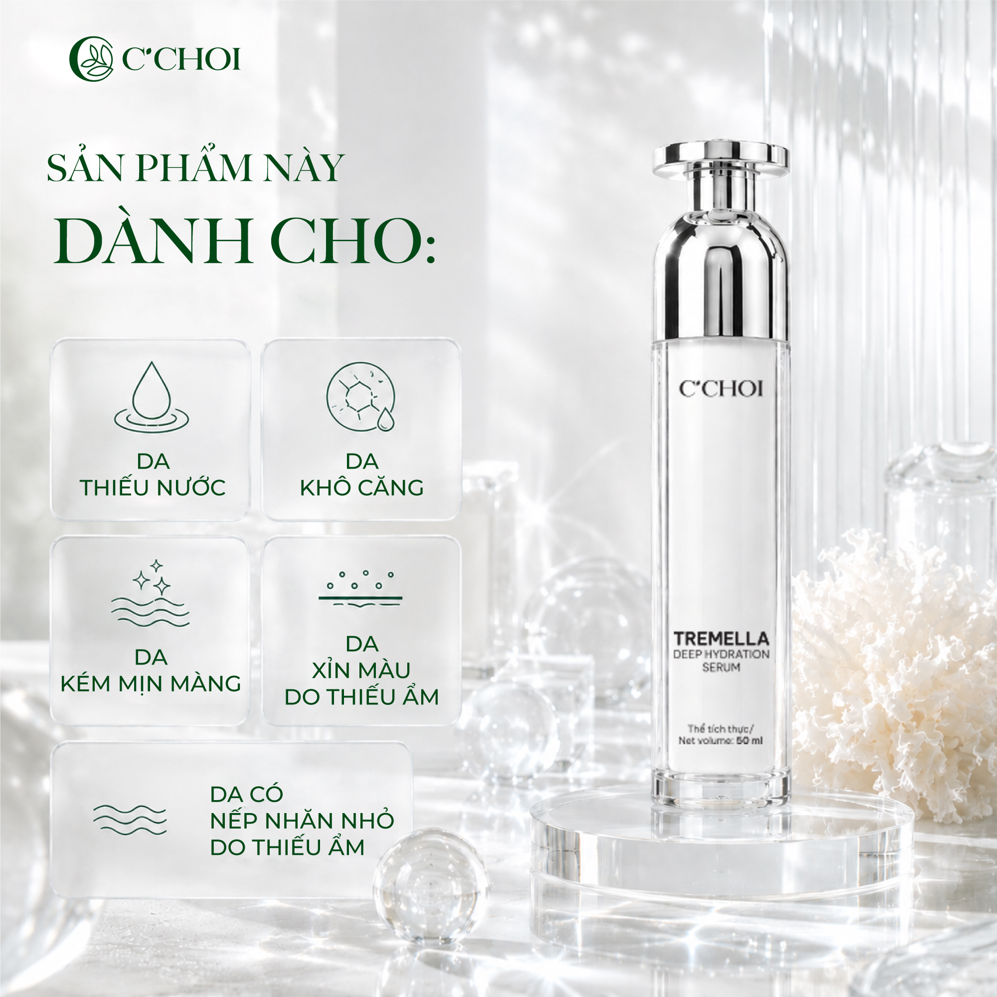 Serum cấp ẩm, chống nhăn da, hỗ trợ làm mờ các dấu hiệu lão hóa da C'Choi - Tremella Deep Hydration Serum - 50ml