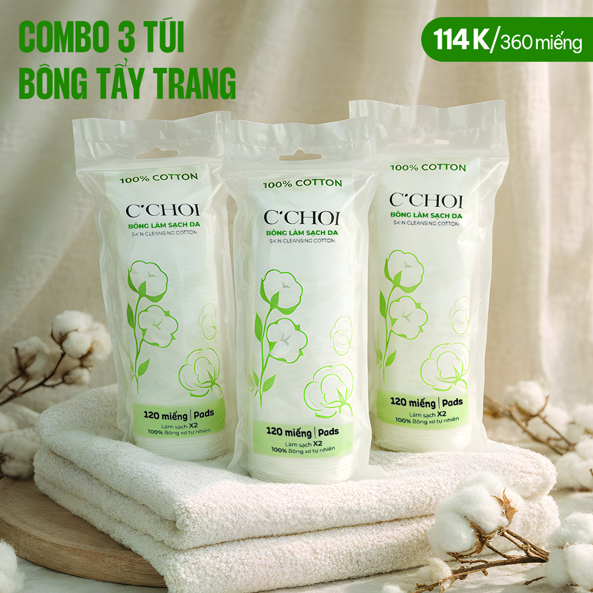 Combo 3 túi Bông Làm sạch da (360 miếng) - Phân phối chính hãng