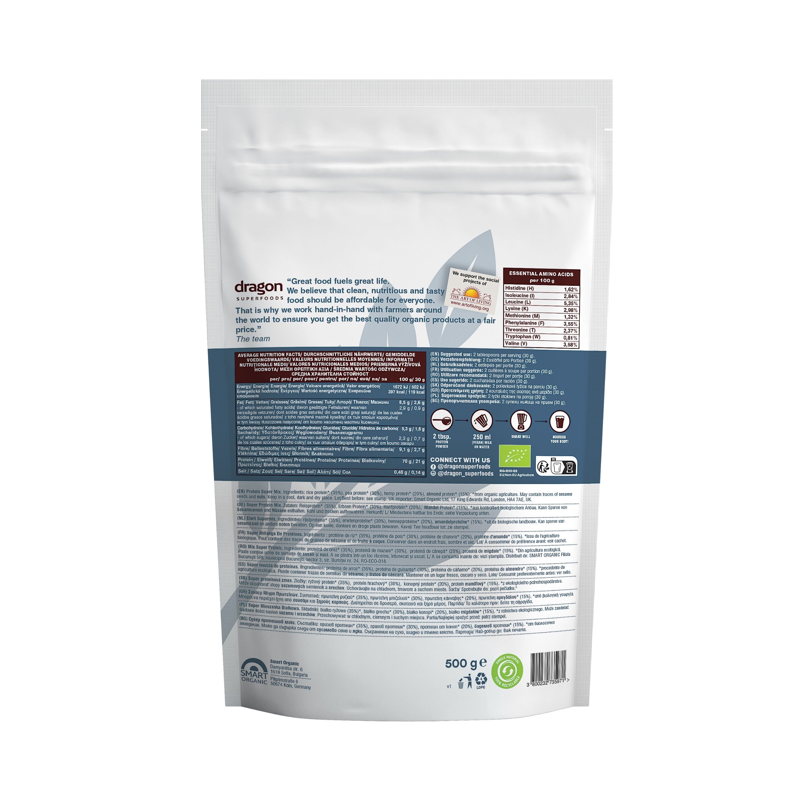 Bột protein hỗn hợp 4 hạt hữu cơ Dragon Superfoods 500g