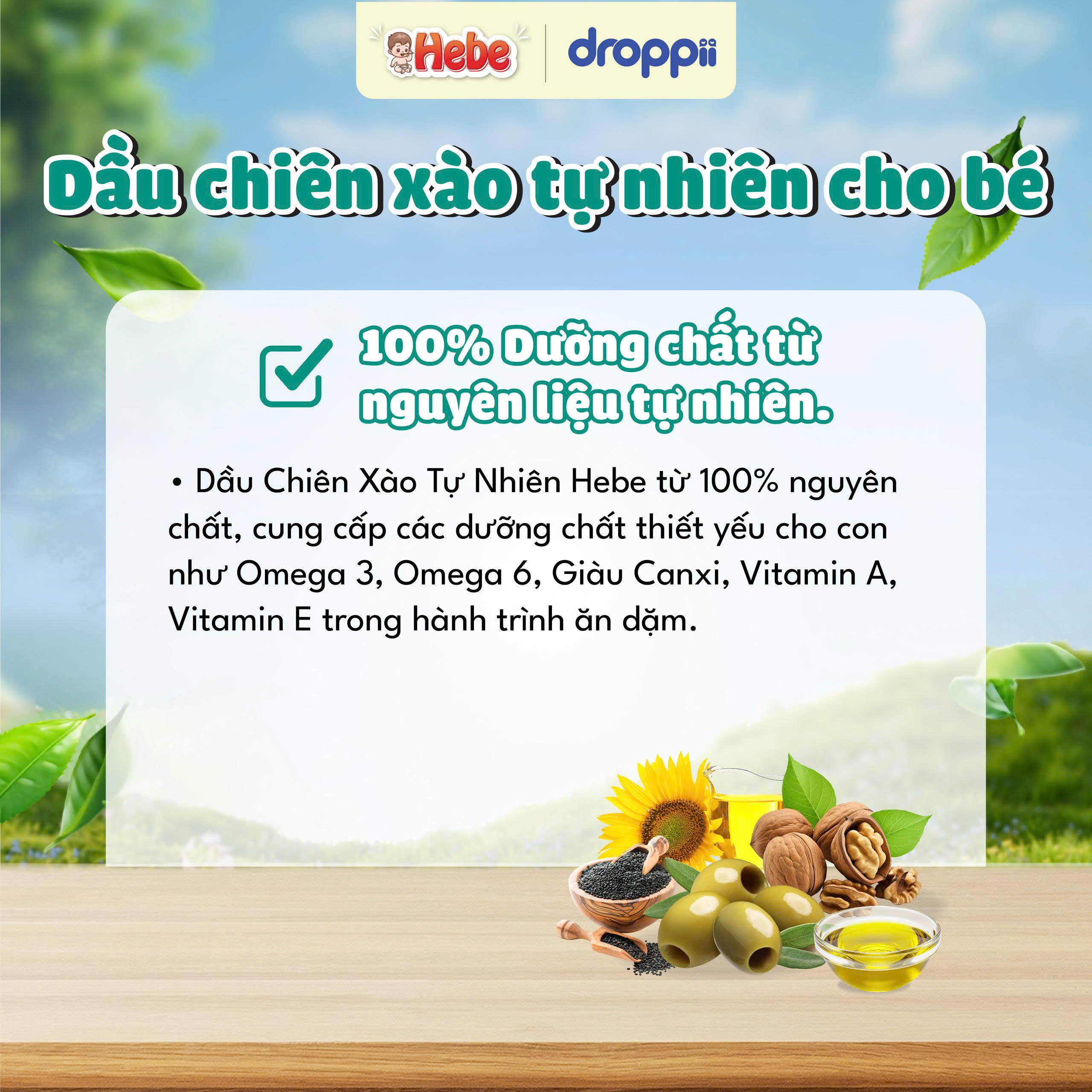 Dầu chiên xào tự nhiên cho bé HEBE chịu nhiệt 200°C (chai 150ml)