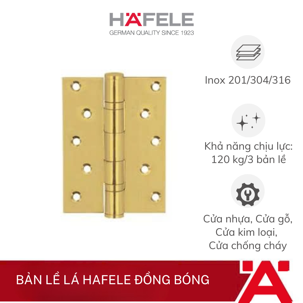 Bản lề lá Hafele 127x89x3mm - 4 vòng bi - Đồng bóng 926.25.208