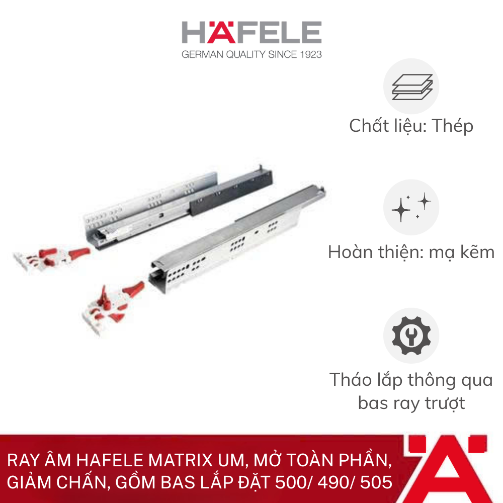 Ray âm Hafele Matrix UM, mở toàn phần, giảm chấn, bao gồm bas lắp đặt - 500/ 490/ 505 433.32.075 - Phân phối chính hãng